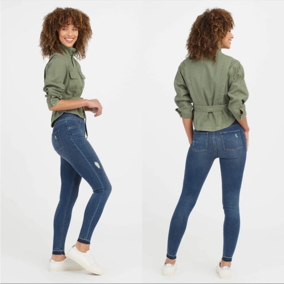 Spanx Distressed Skinny Jeans Raw Hem Stretch Legging Dark Denim Size Medium - Picture 13 of 13